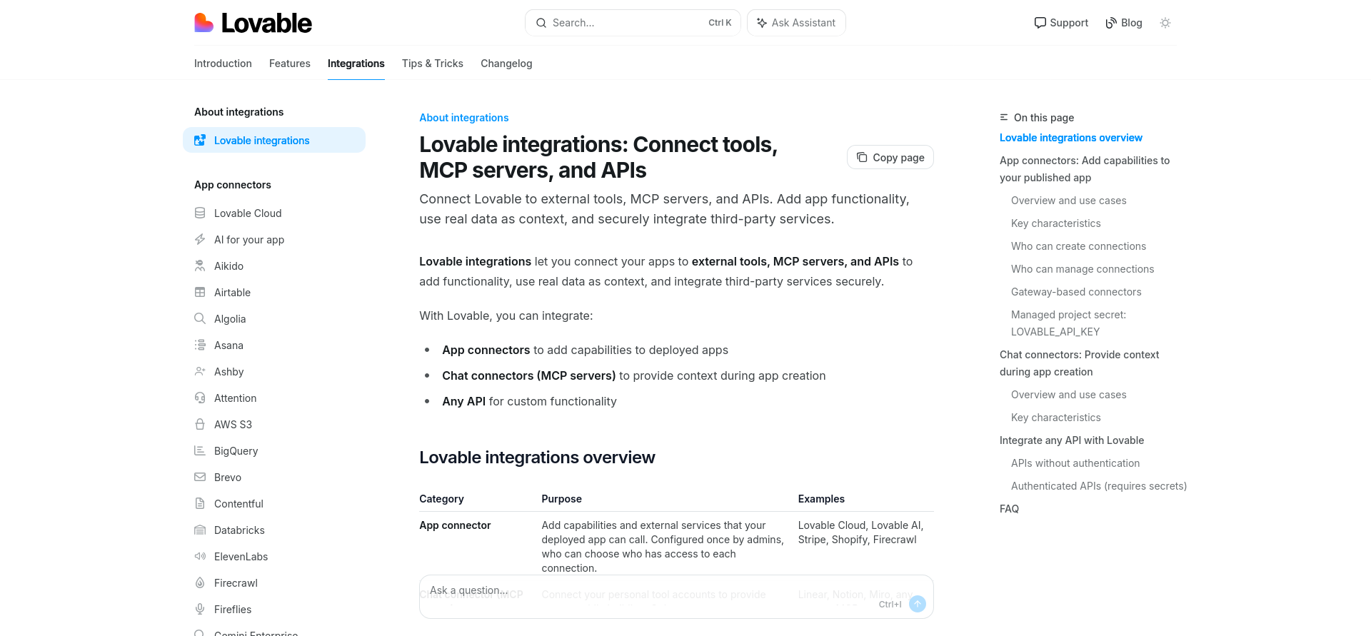 screenshot of Lovable Integrations menu