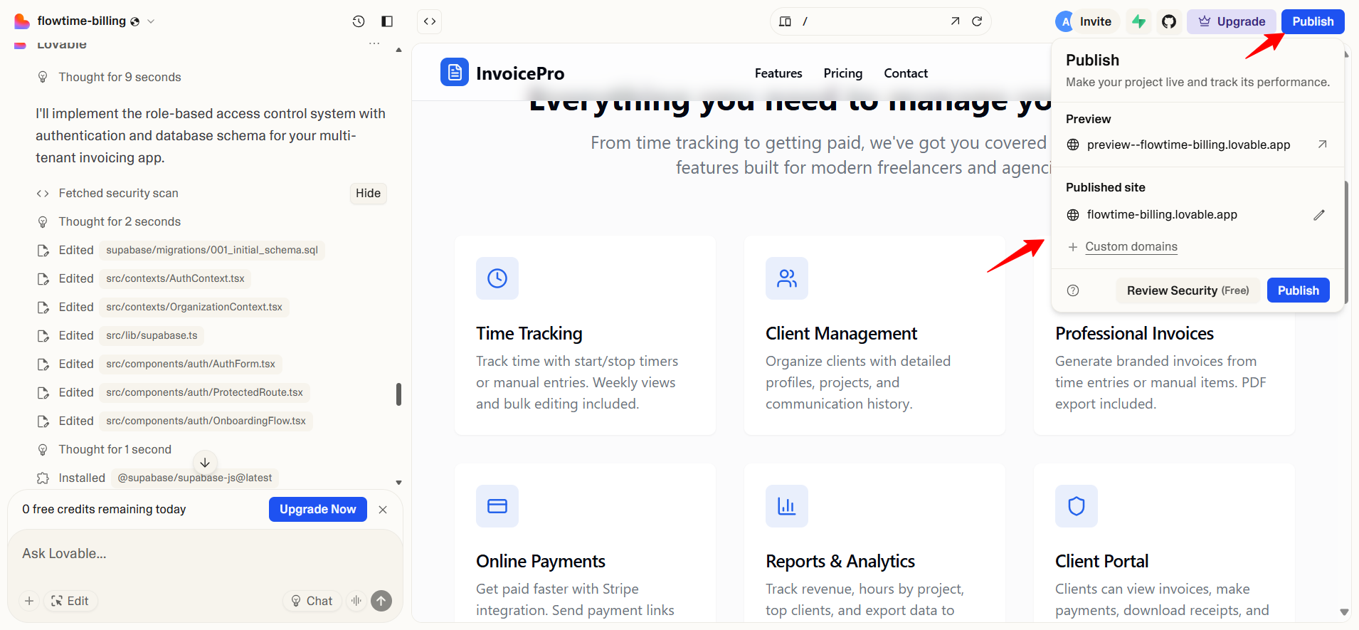 screenshot of Lovable Publish menu