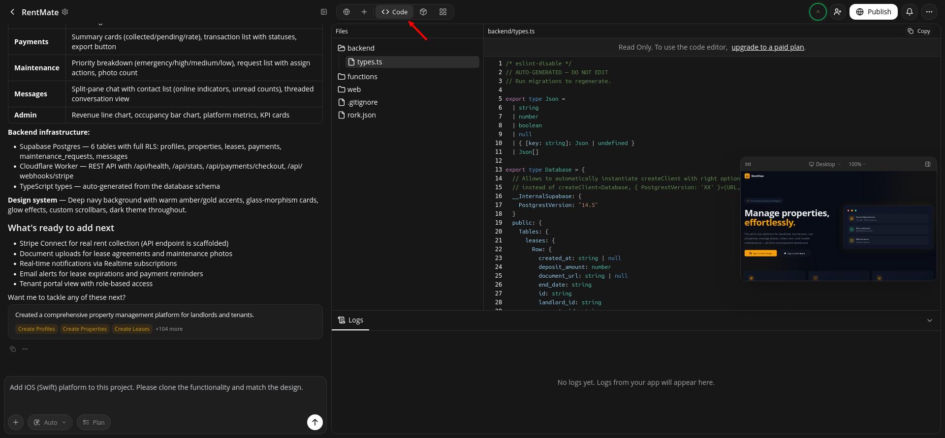 screenshot of the Code view
