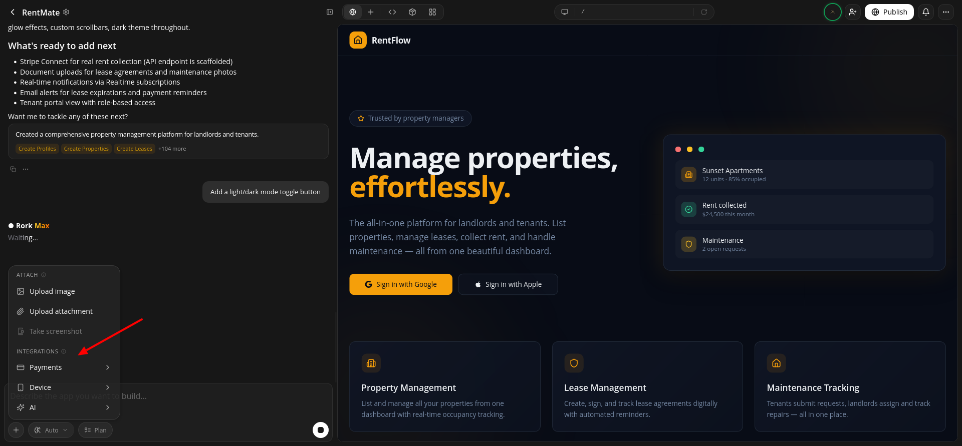 screenshot of Integrations list