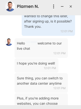 SiteGround live chat support response about changing data center location