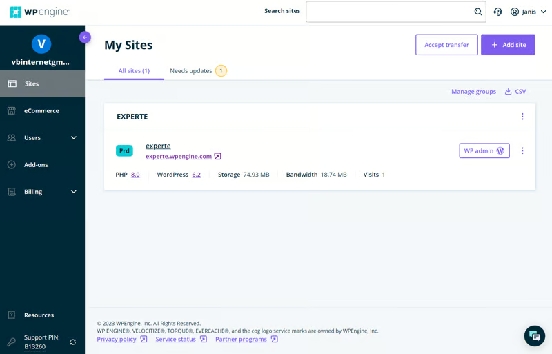 WP Engine User Portal dashboard