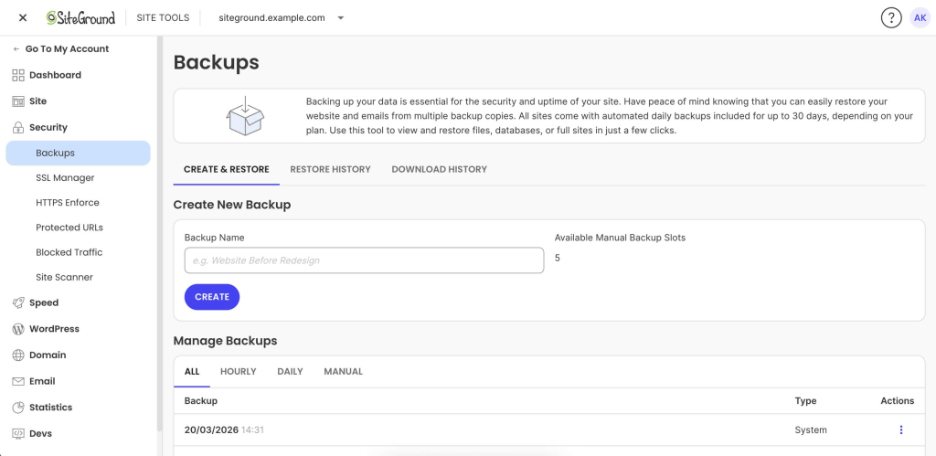 SiteGround hosting features dashboard