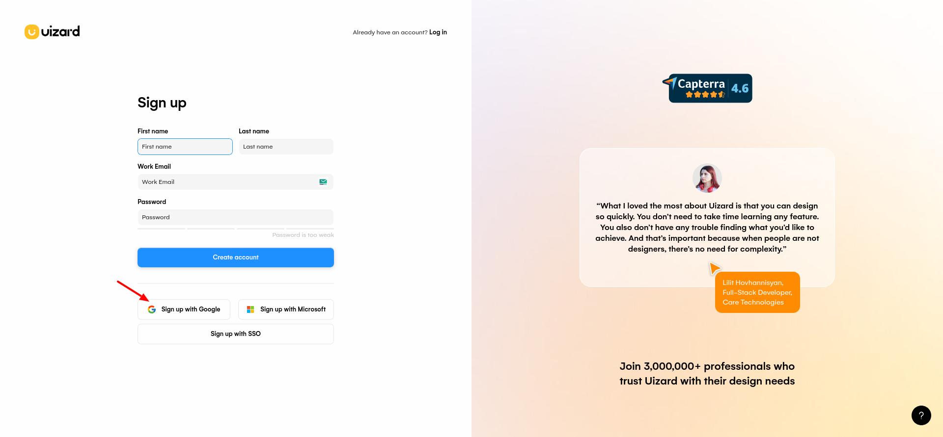 screenshot of Uizard Sign Up page