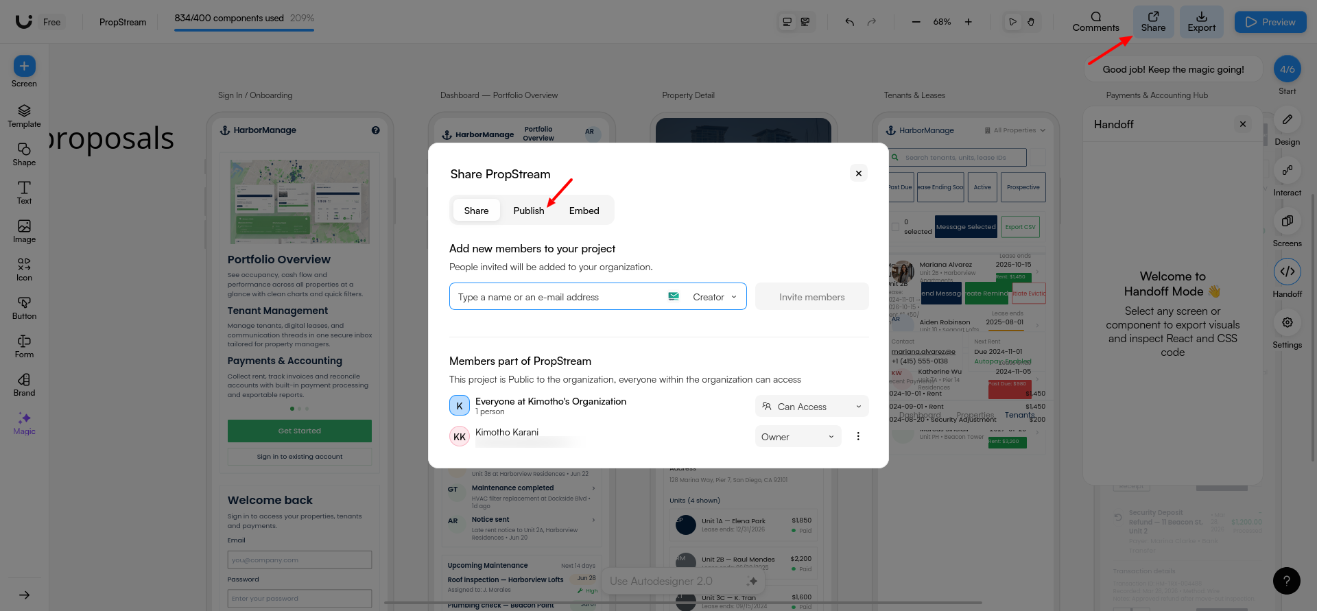 screenshot of the Publish button