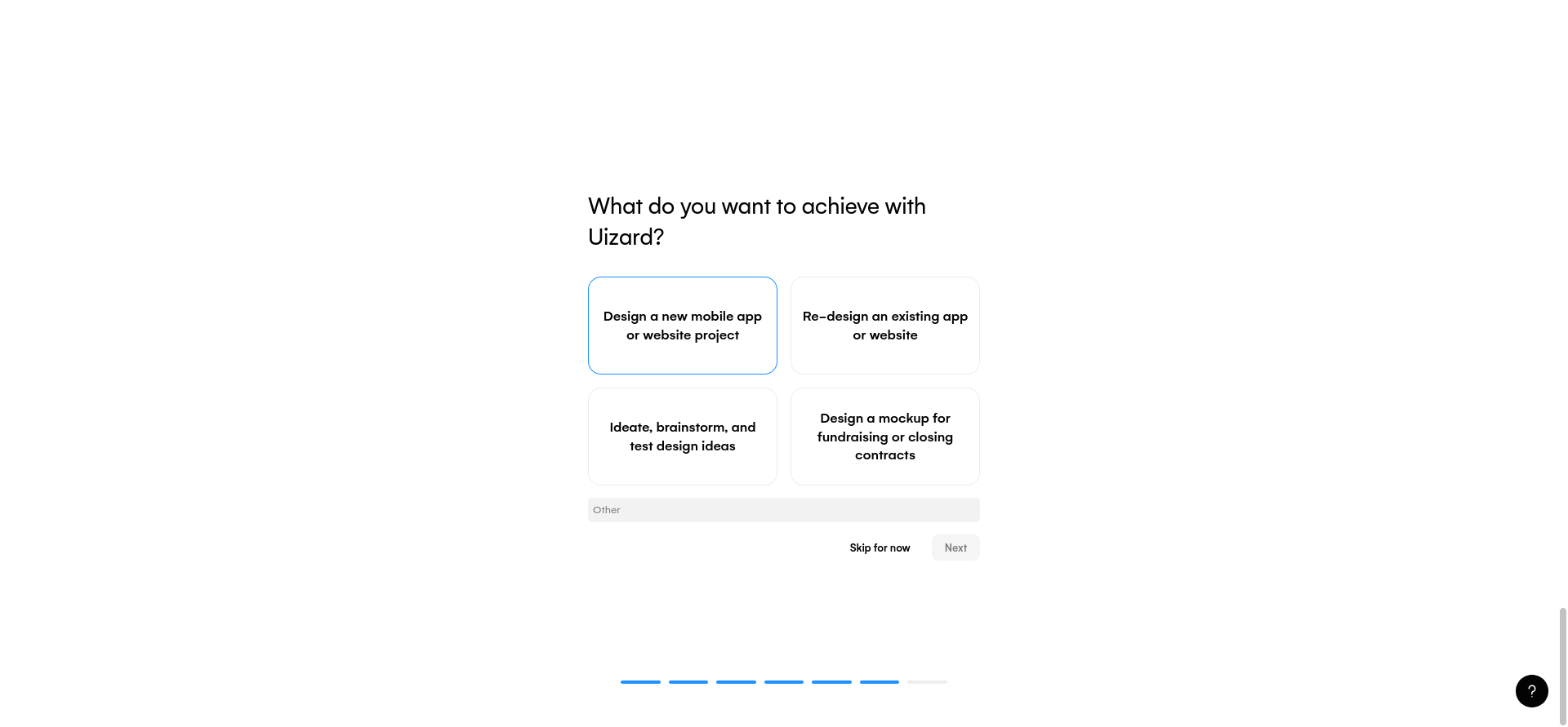 screenshot of Uizard Sign Up questions