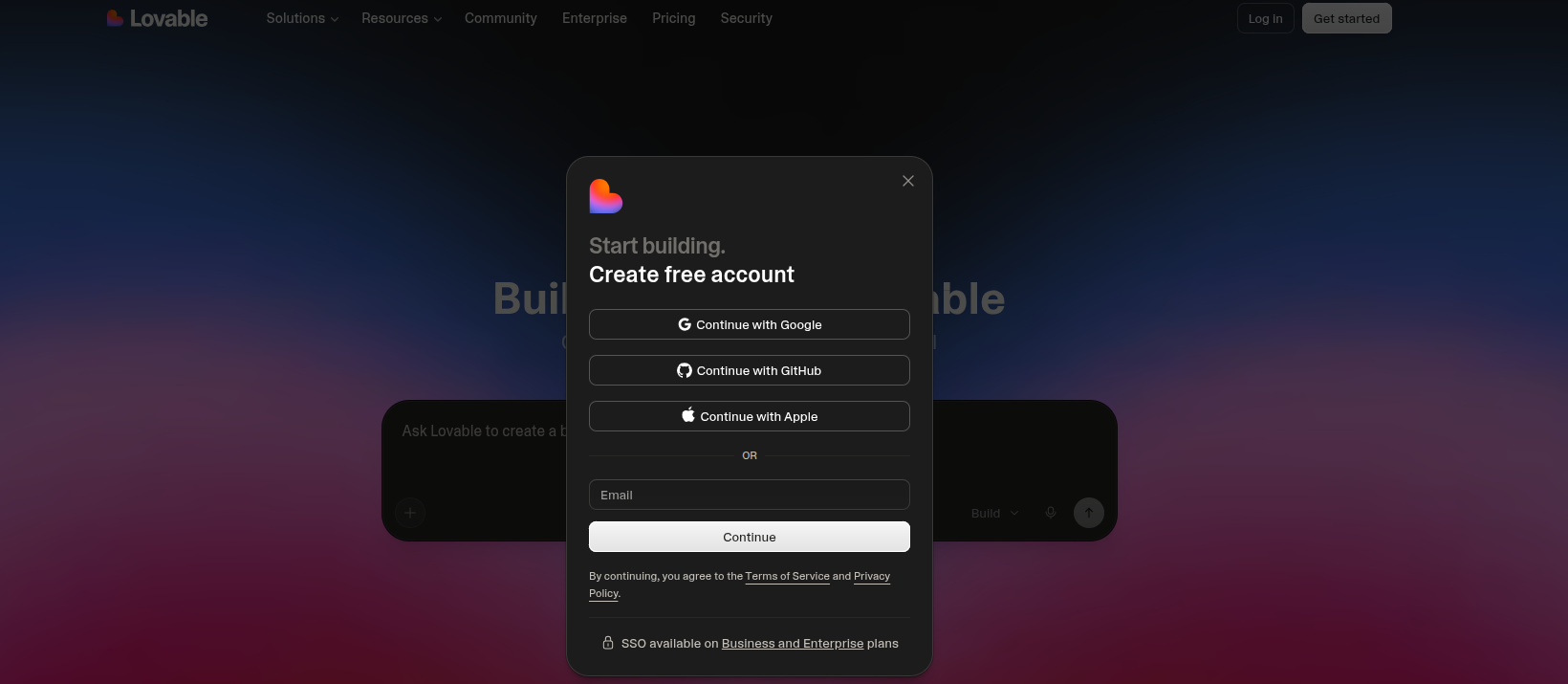 screenshot of Lovable sign up page