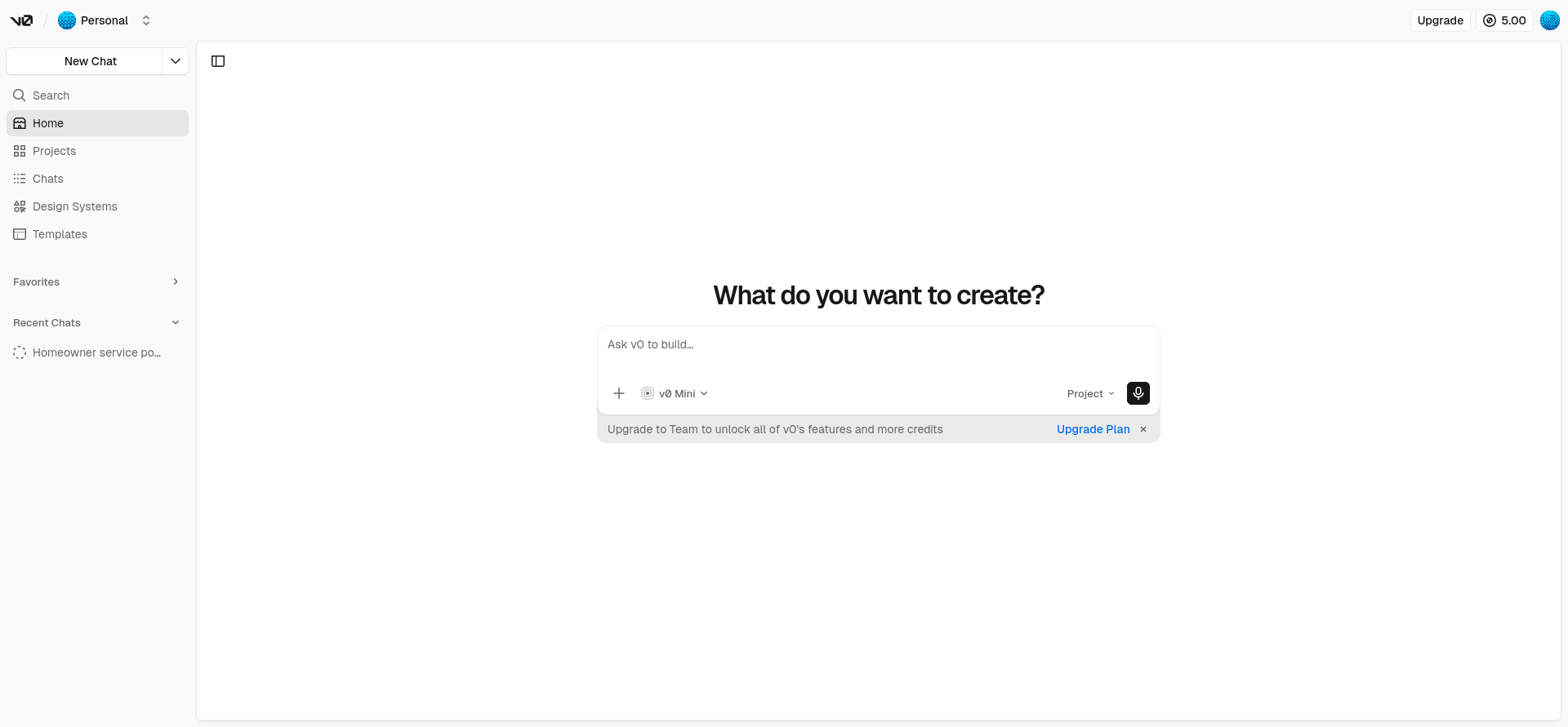 screenshot of v0 home page