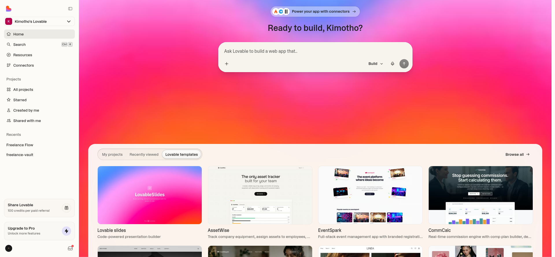 screenshot of Lovable home page