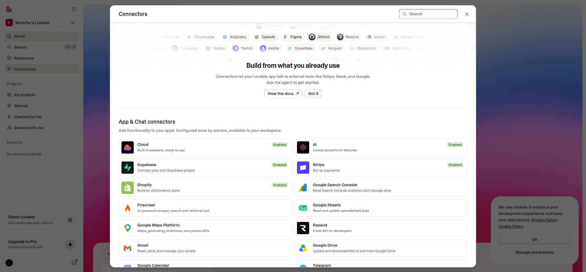 screenshot of Lovable Connectors