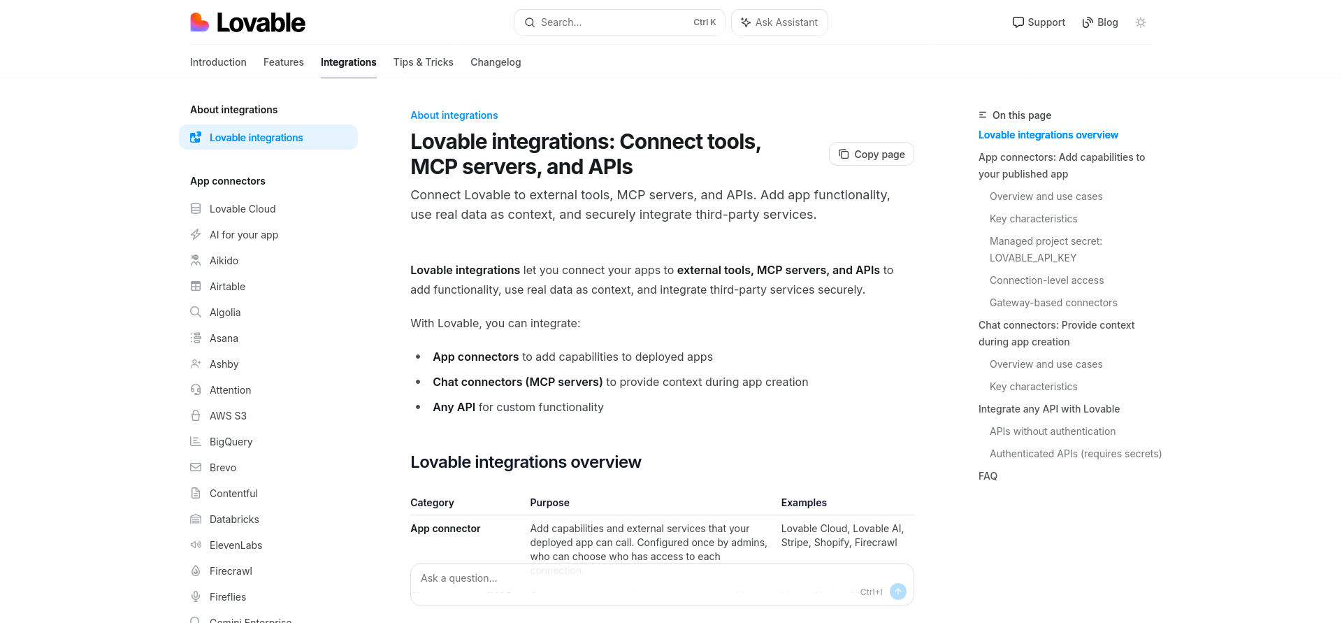 screenshot of Lovable Integrations