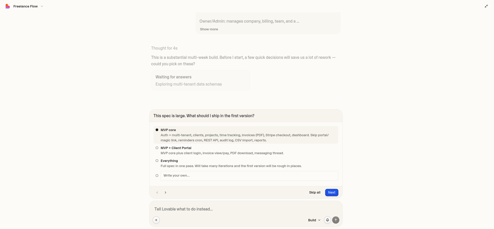screenshot of Lovable chat conversation