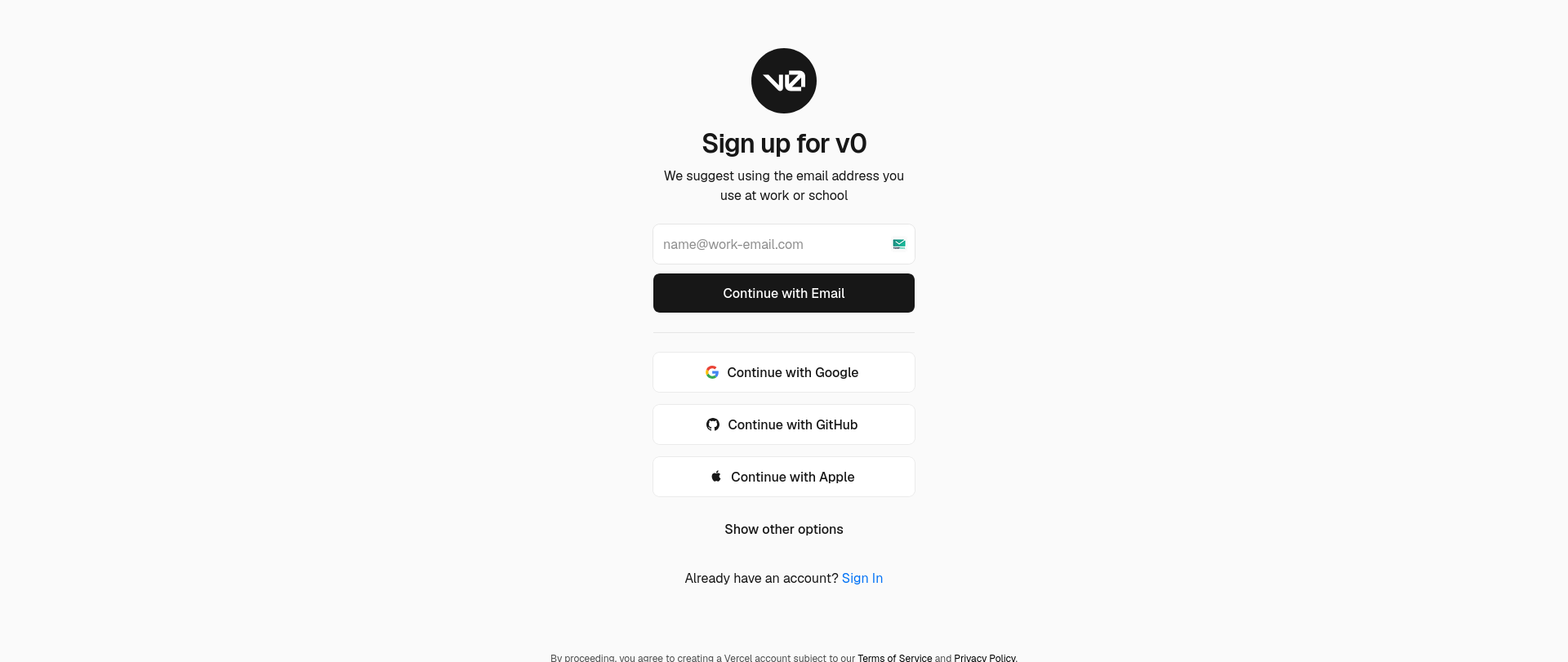 screenshot of v0 sign up page