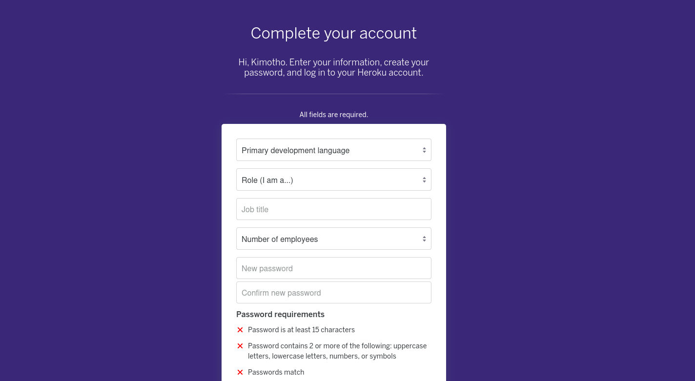 Heroku complete your account setup screen