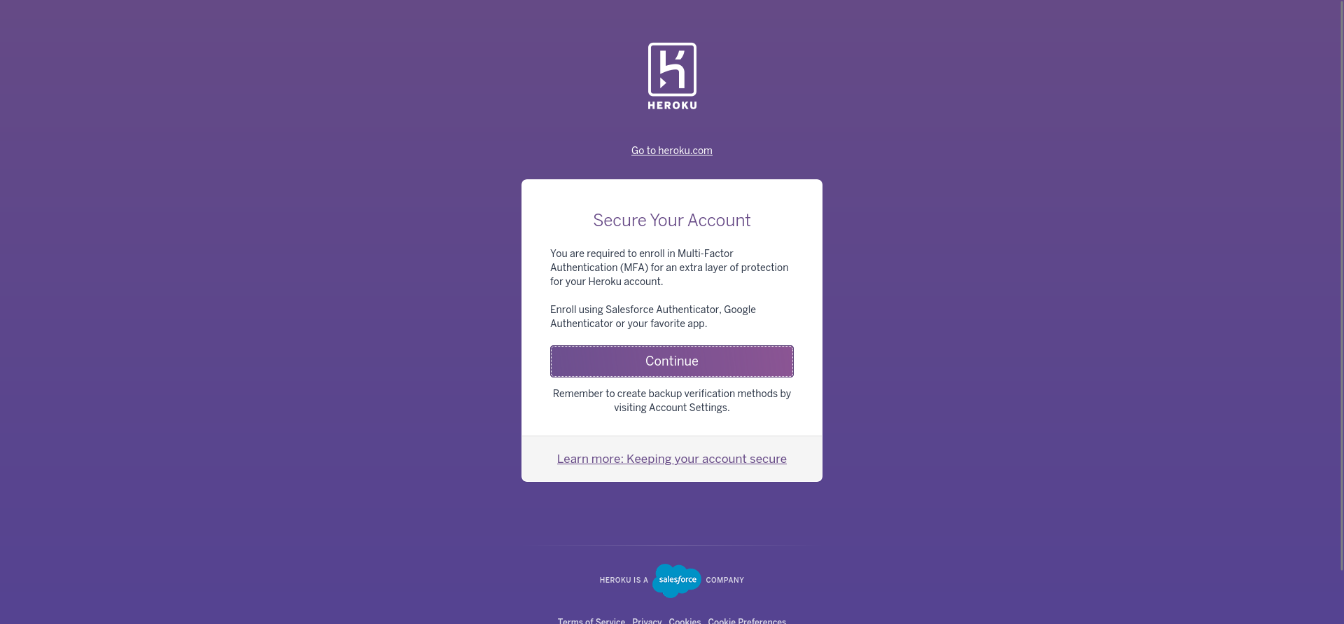 Heroku mandatory MFA enrollment screen