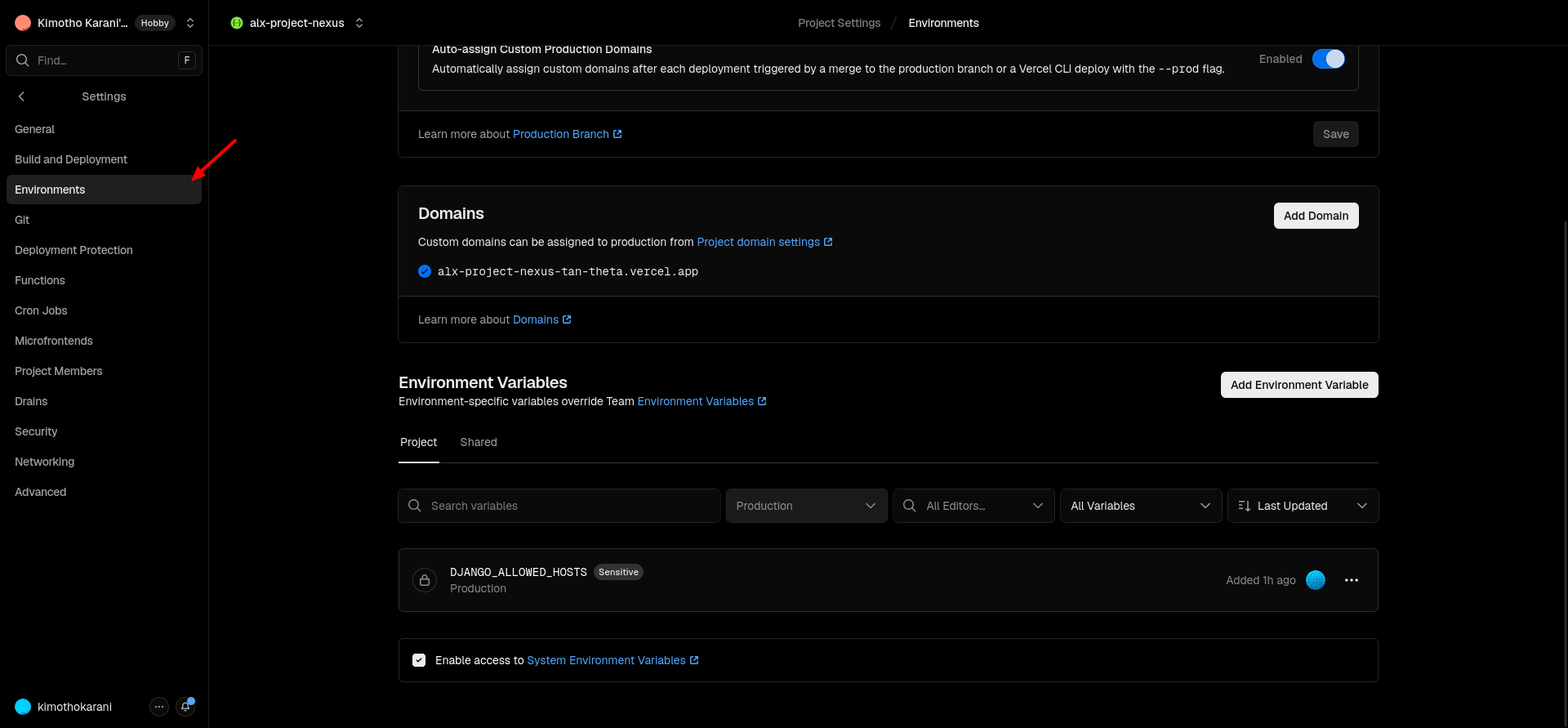 Vercel environment variables settings for Django deployment