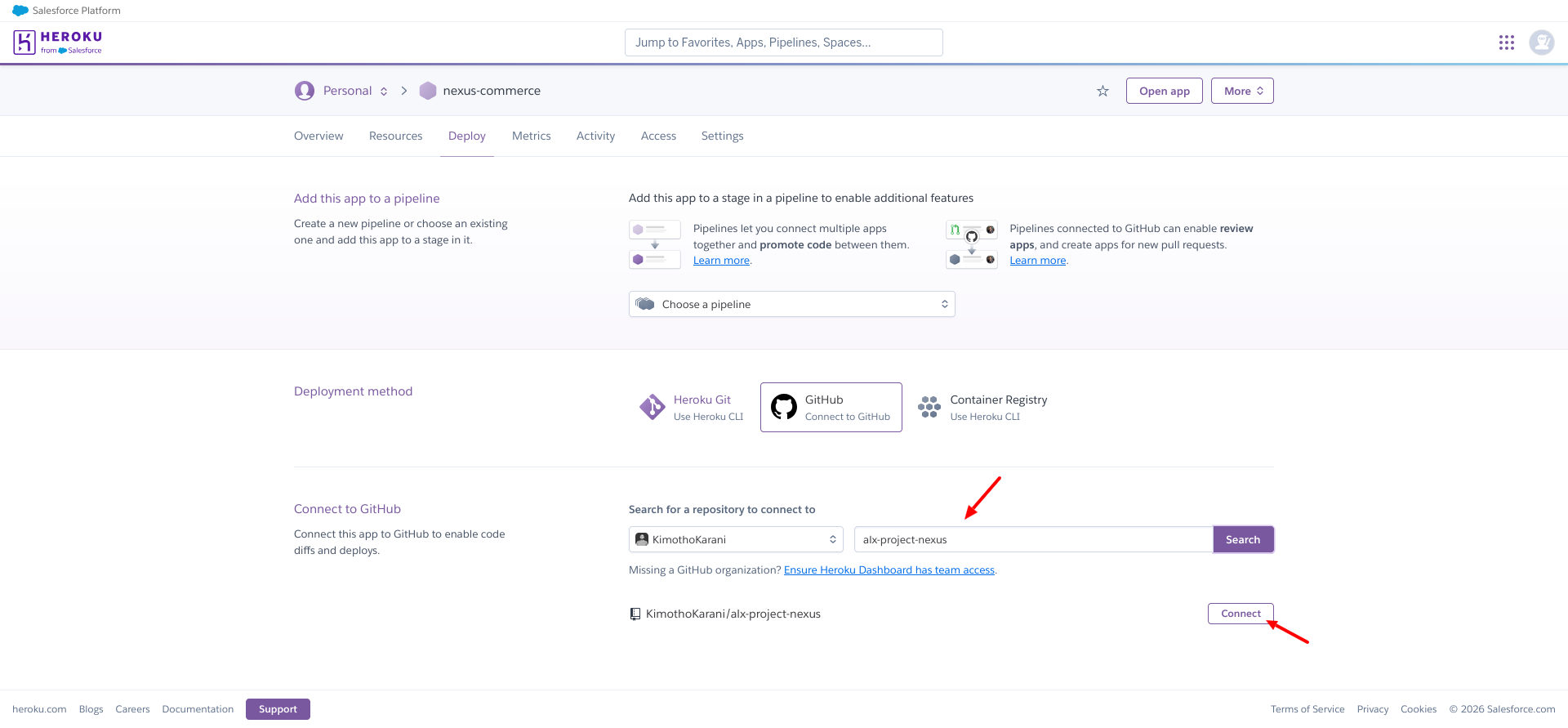 Heroku app creation and GitHub connection screen