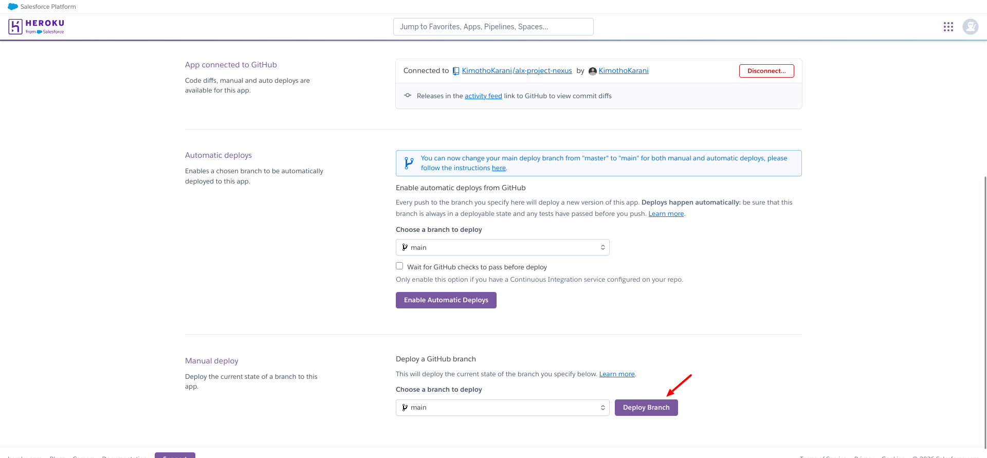 Heroku deploy branch screen for main branch