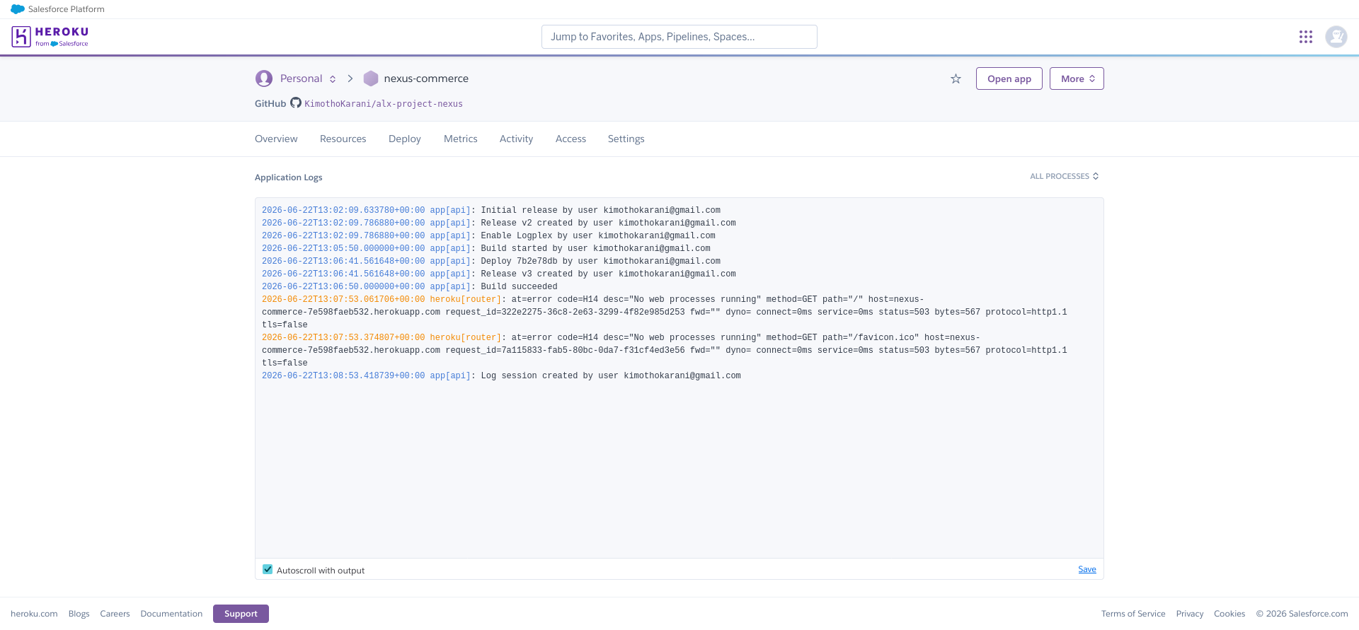 Heroku logs showing H14 no web processes running error
