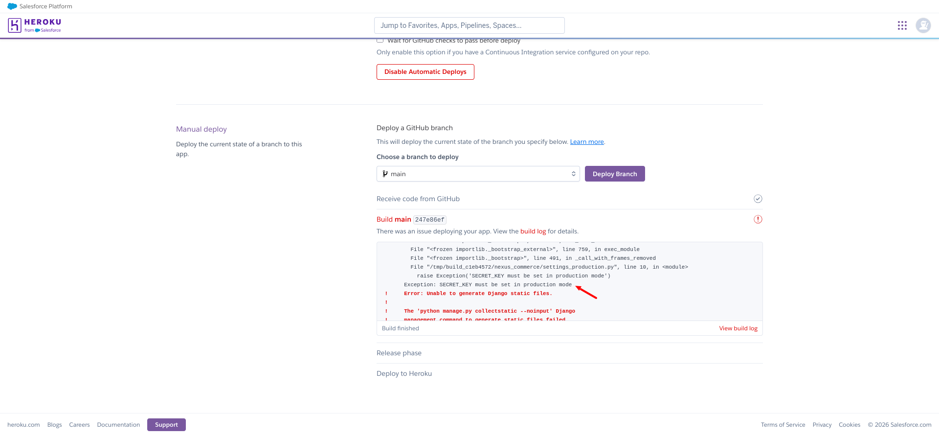 Heroku build log showing missing SECRET_KEY exception