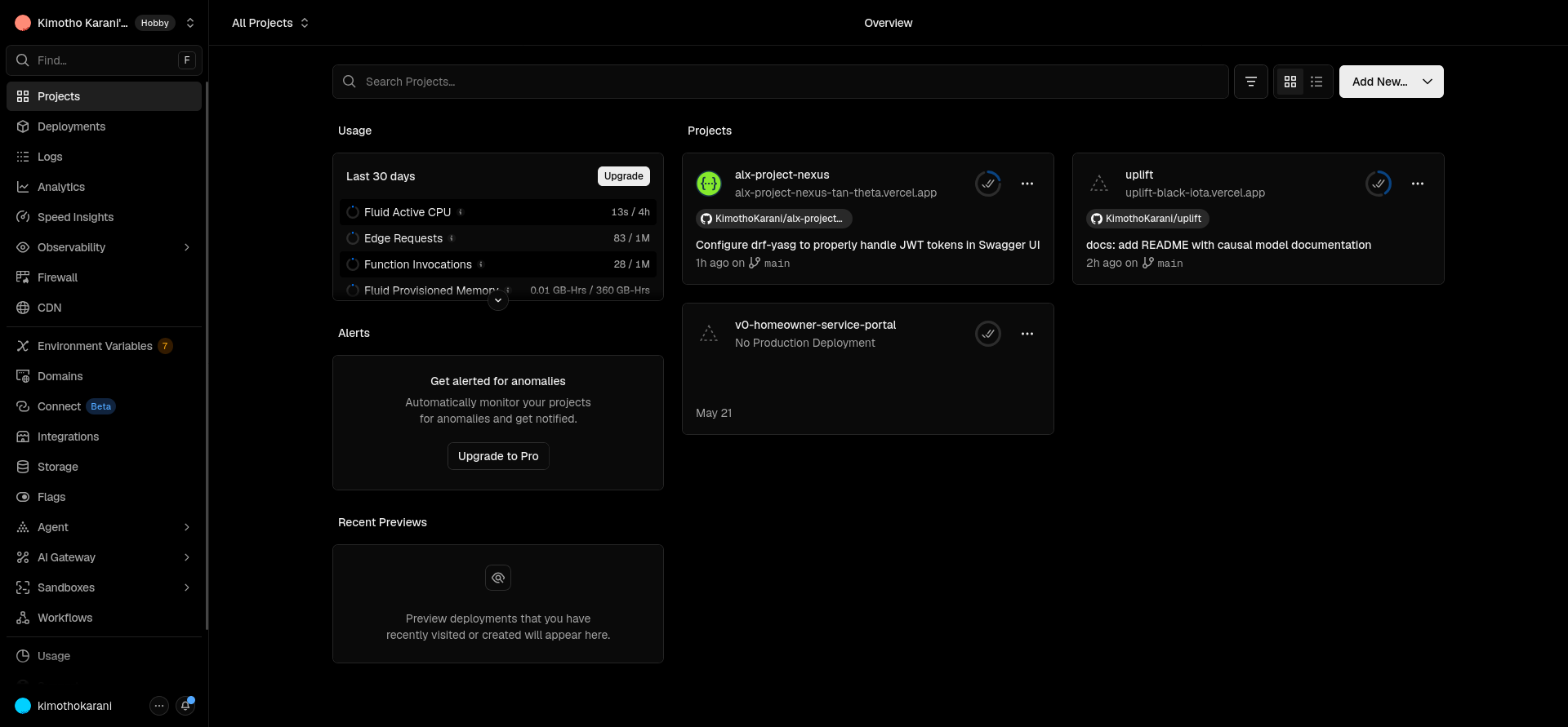 Vercel project dashboard and deployment tabs