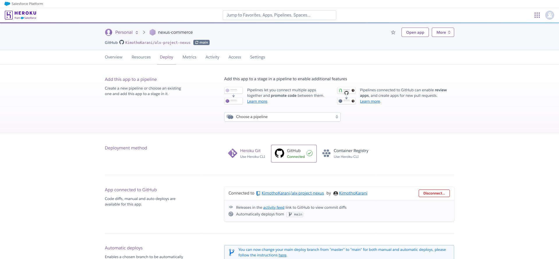 Heroku application dashboard and management tabs