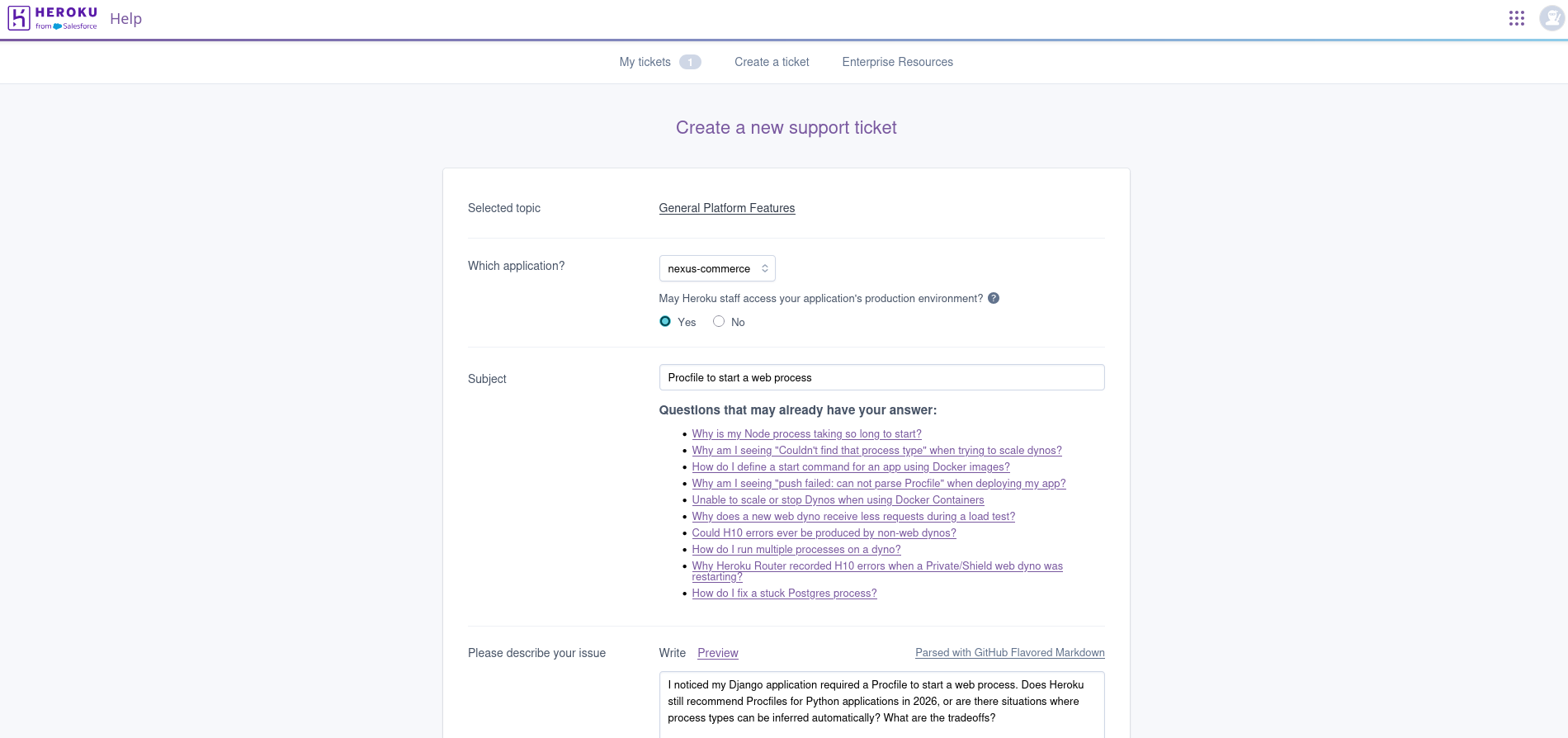 Heroku support ticket form for Procfile question