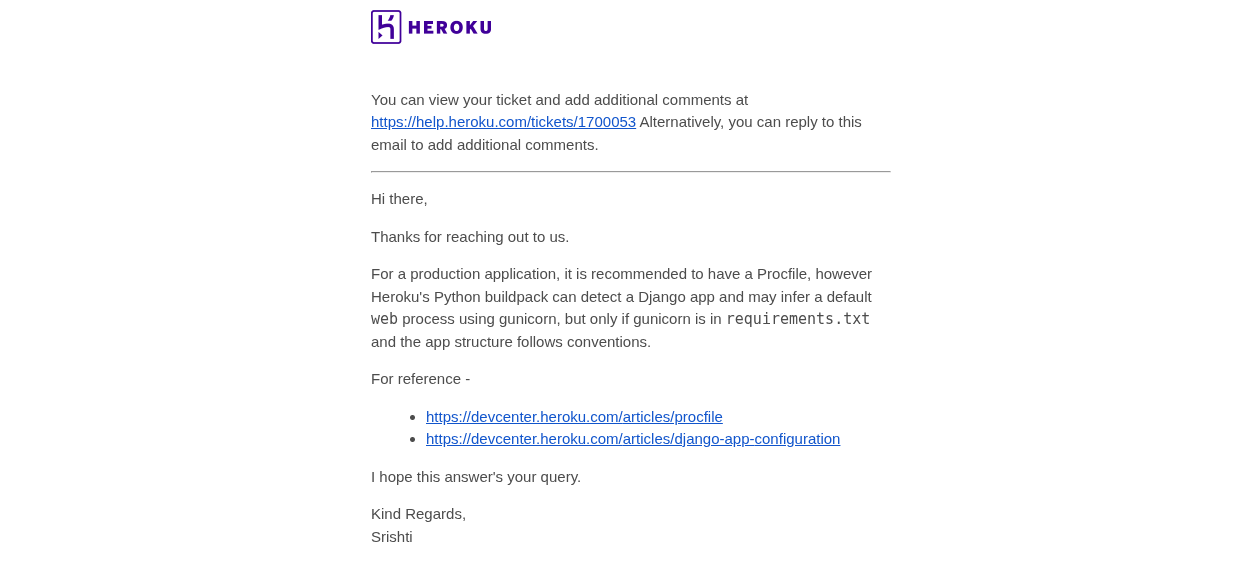 Heroku support reply about Procfiles for Python applications