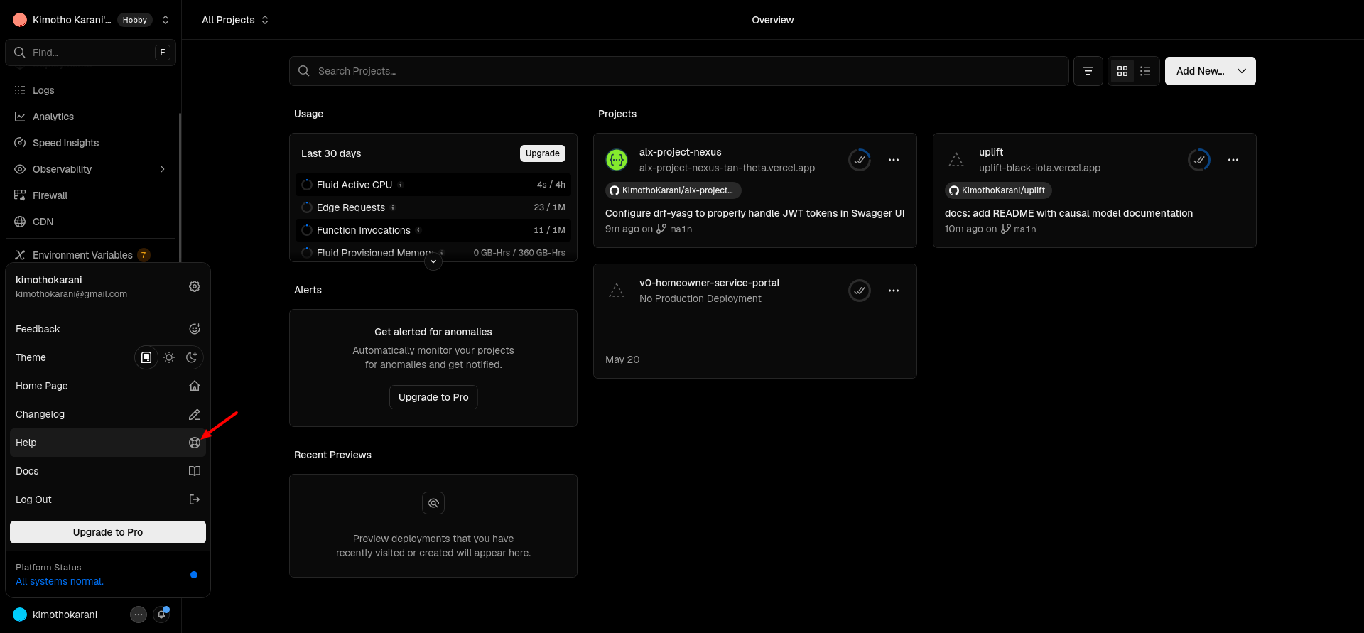 Vercel support page showing the Agent chat interface