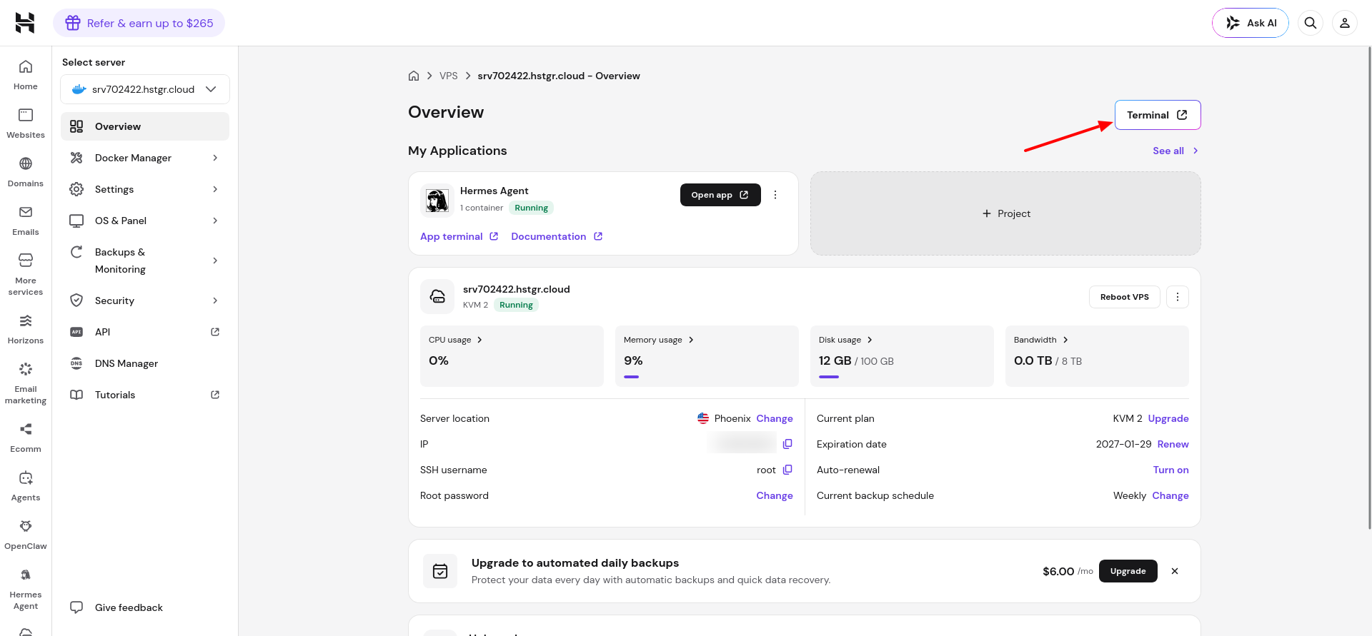 Hostinger hPanel browser-based SSH terminal for VPS management