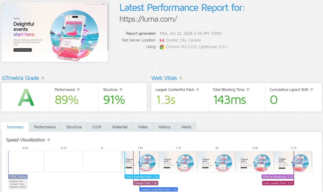 GTmetrix performance report for Vercel-hosted production app