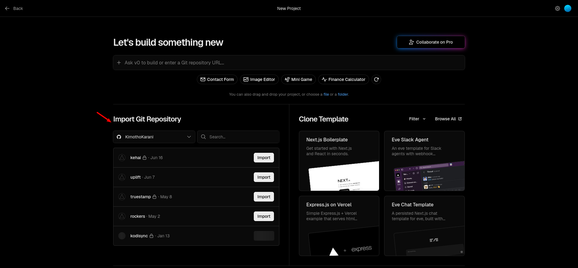 Vercel project creation screen with templates and v0 prompt field