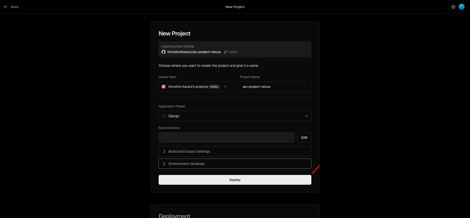 Vercel deployment configuration screen