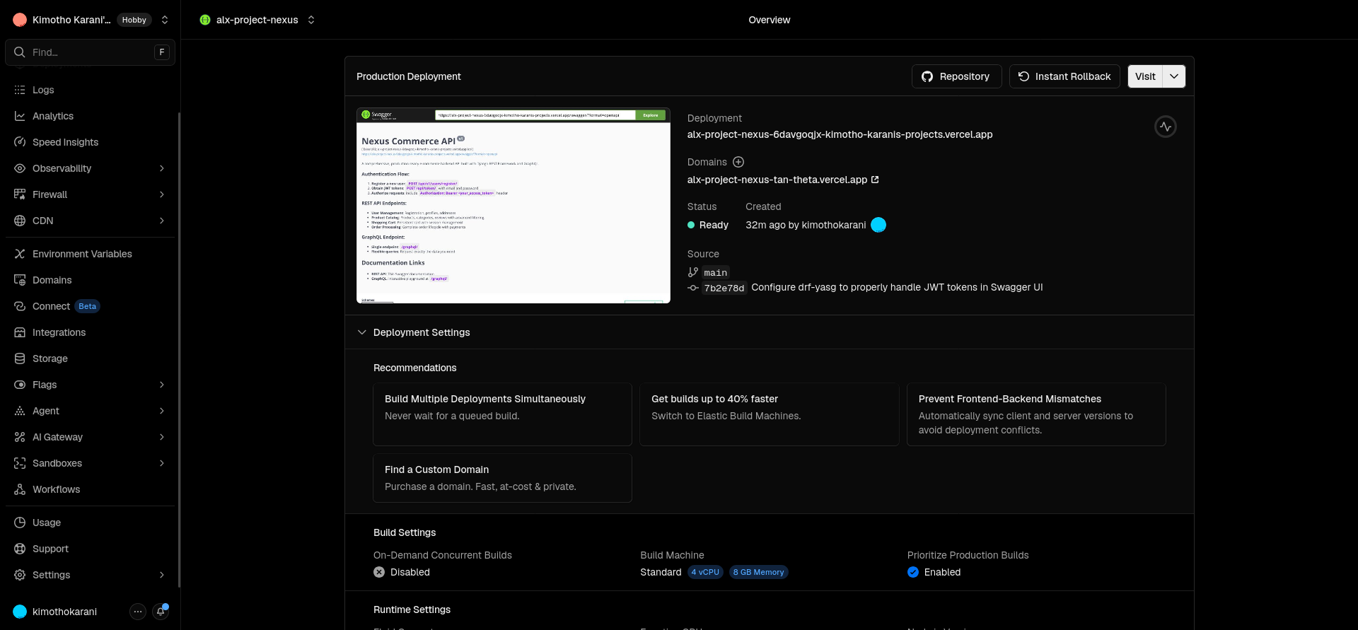 Vercel project dashboard with developer deployment tools