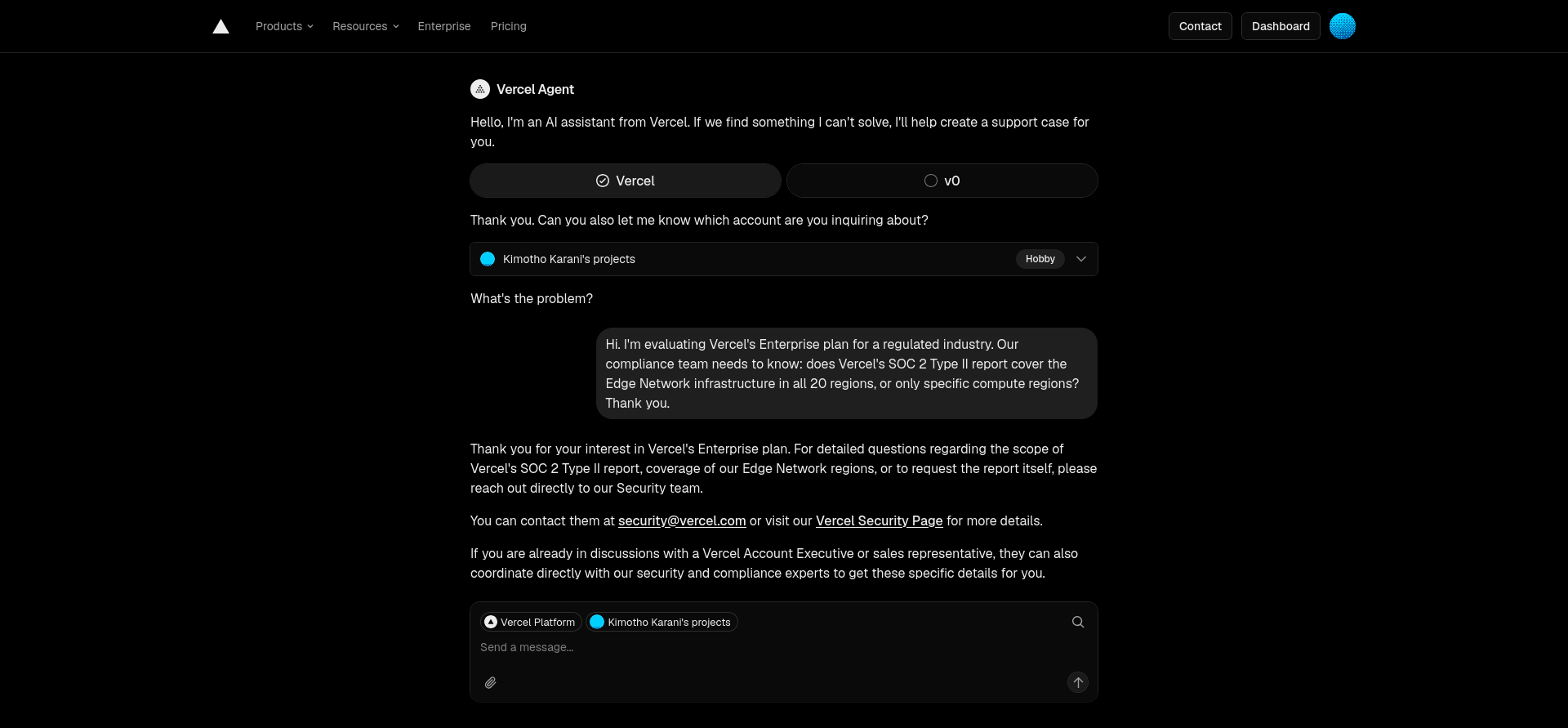 Vercel Agent redirecting compliance questions to security support