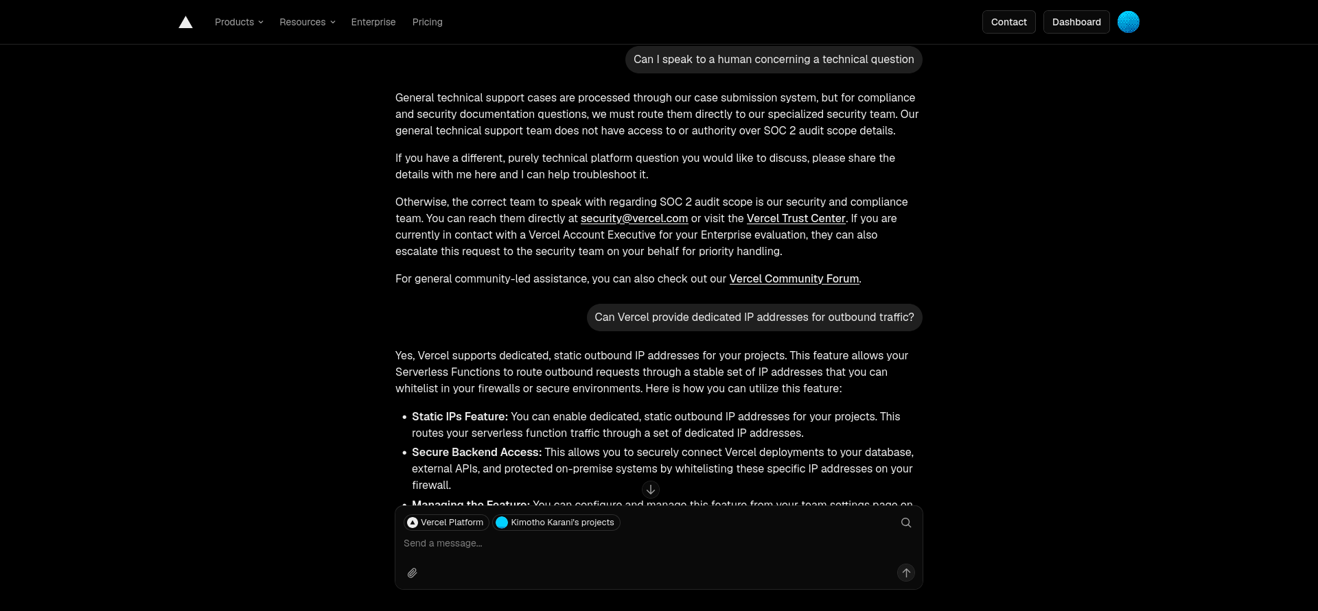 Vercel Agent response about static outbound IP addresses