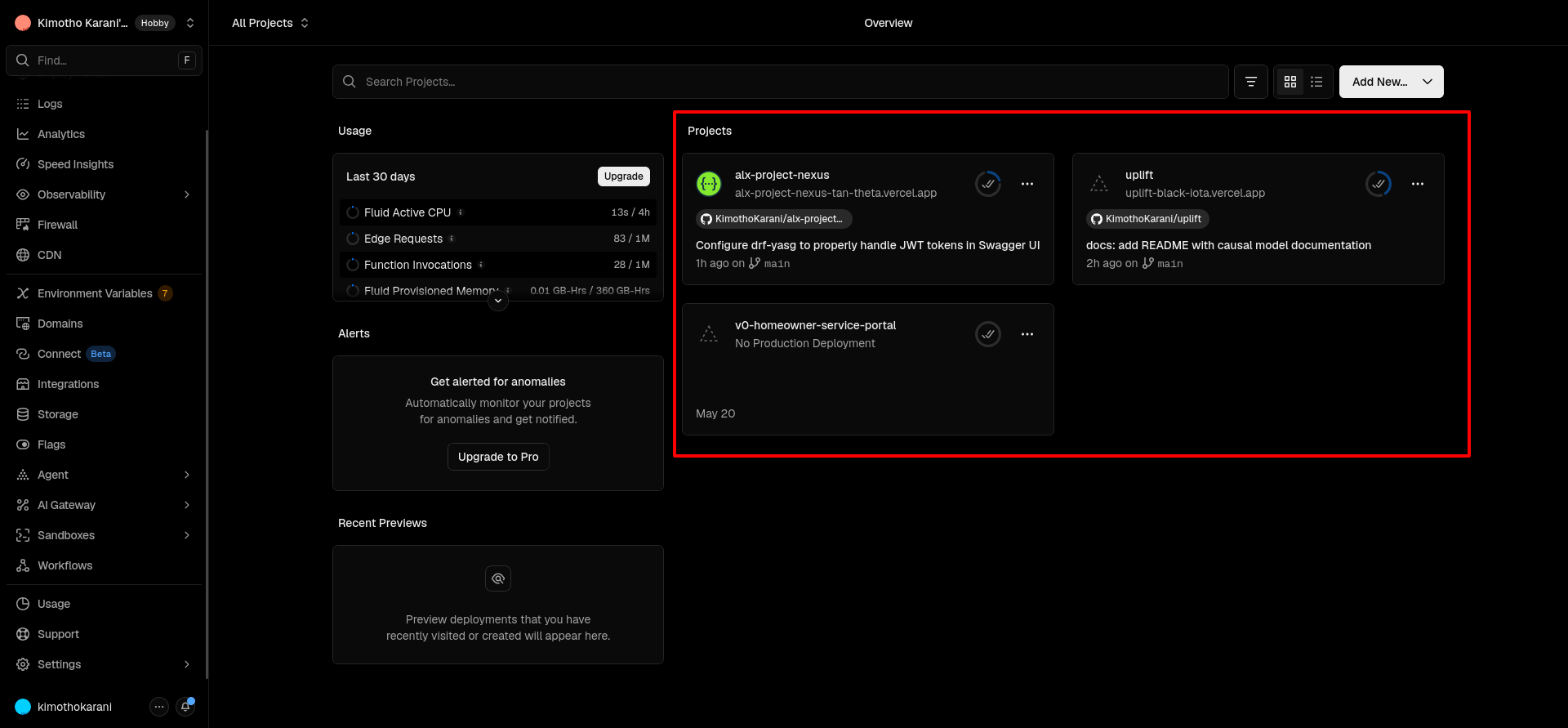 Vercel dashboard showing automatic preview deployment URLs