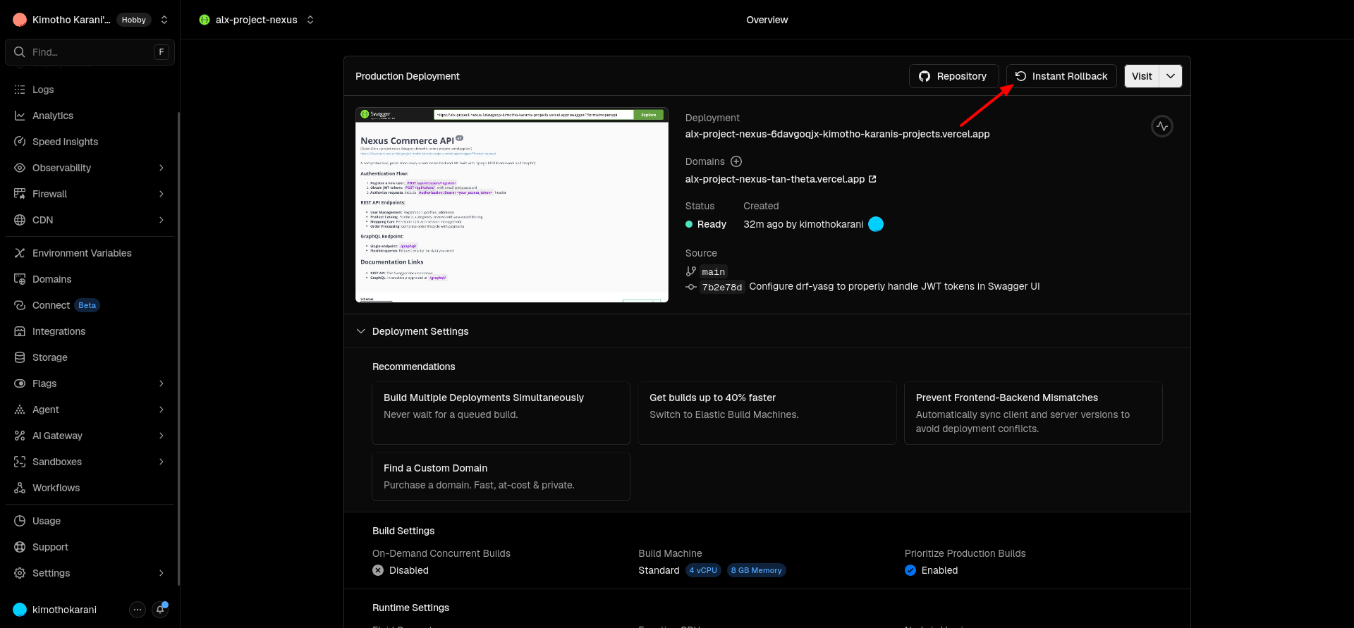 Vercel deployments tab with instant rollback option