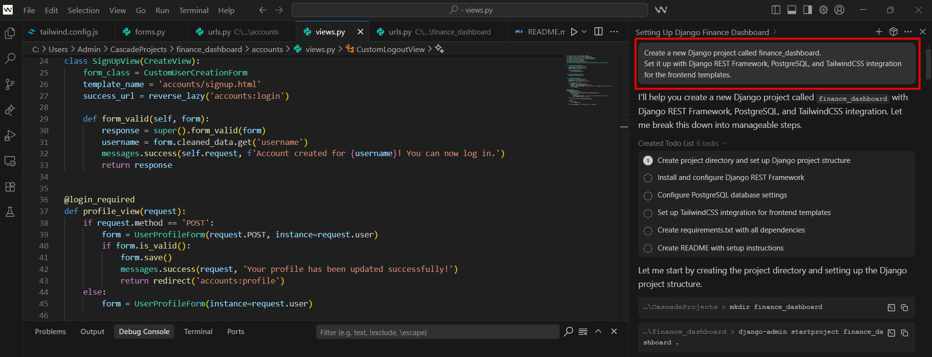 screenshot of Windsurf/Devin Desktop: FinanceHub Django Build
