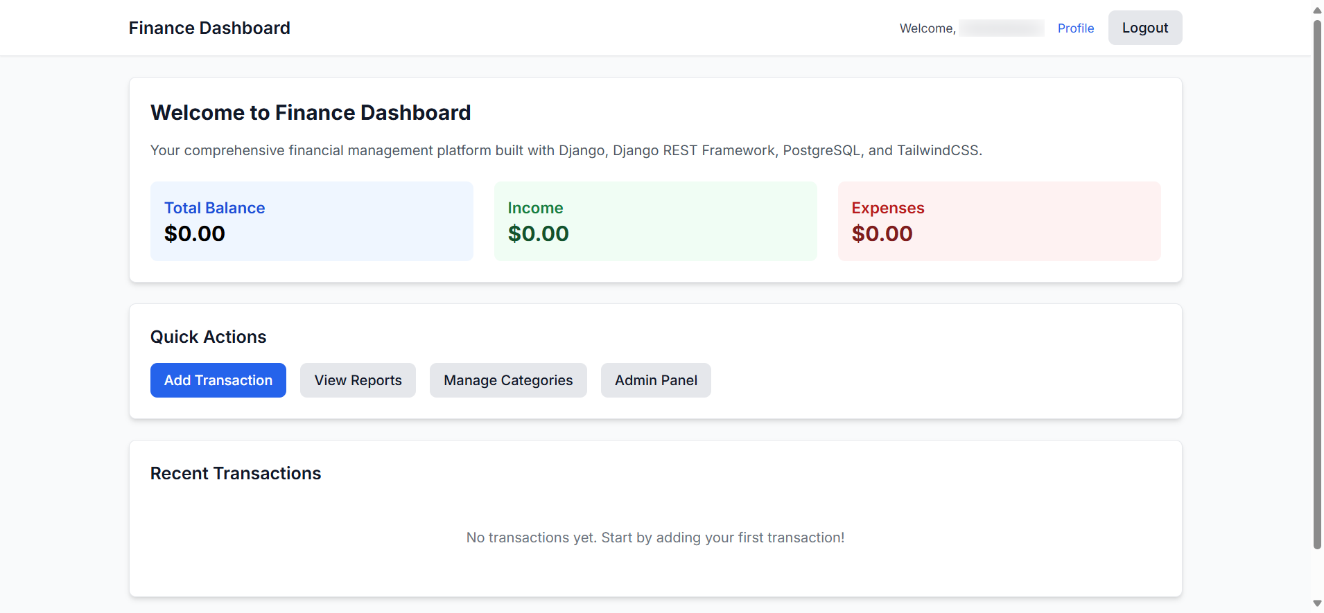 screenshot of FinanceHub dashboard