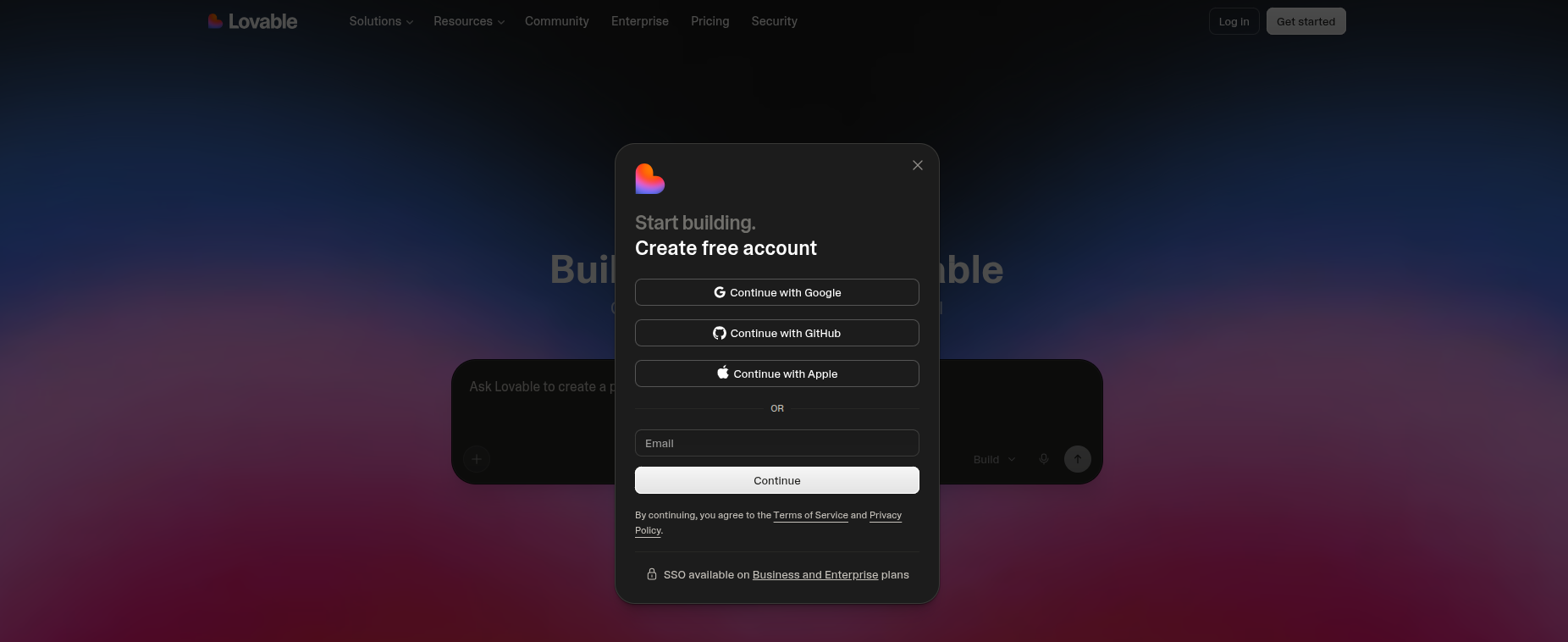 screenshot of Lovable sign up window
