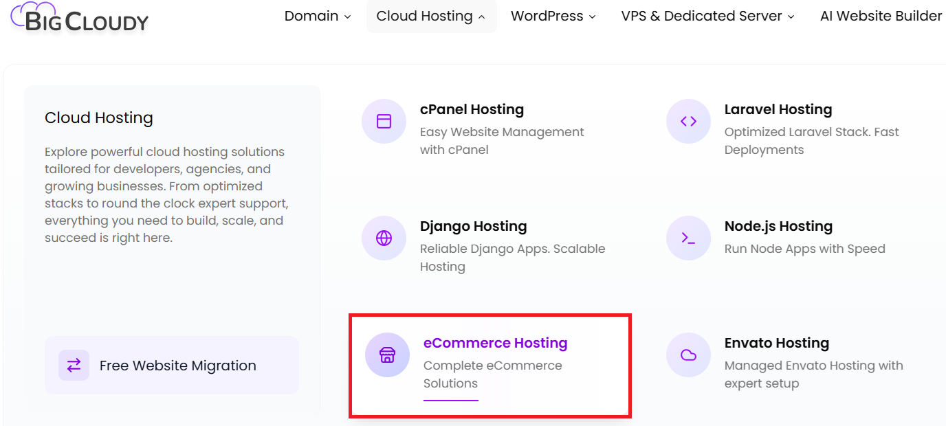 BigCloudy Ecommerce Hosting selection