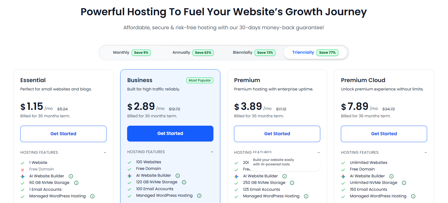 BigCloudy hosting plans page