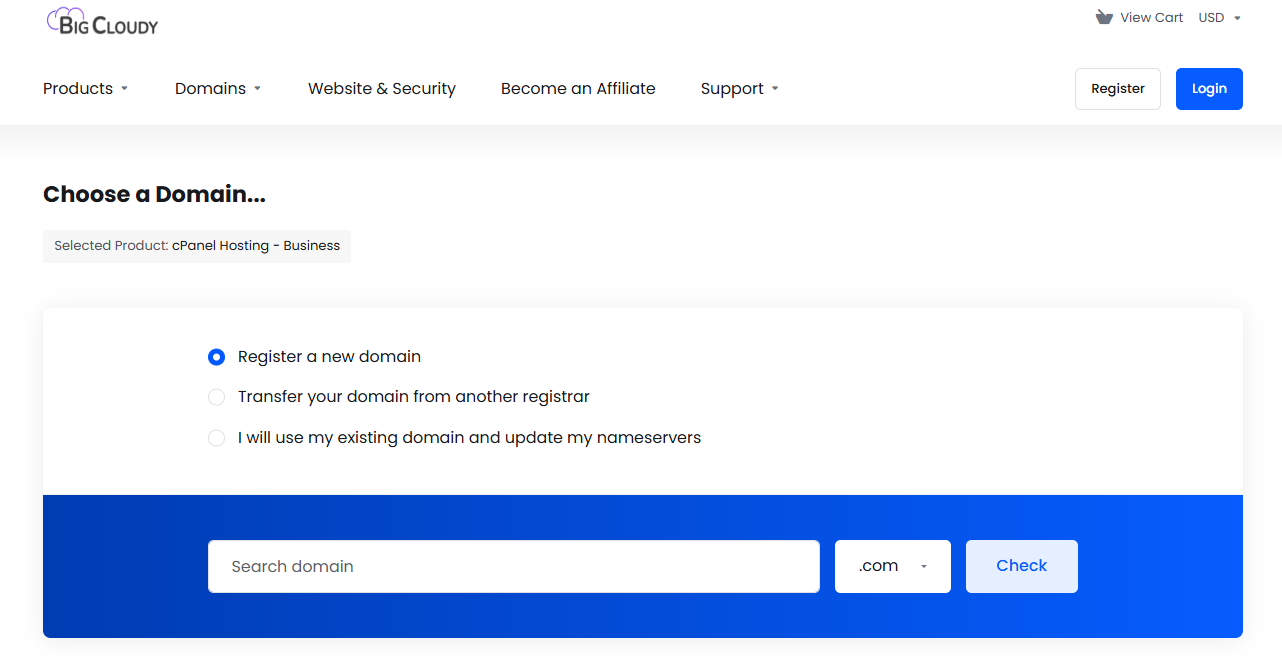 BigCloudy domain option selection