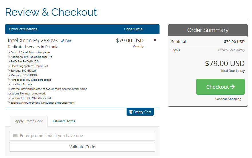 Blue-servers review and checkout page with promo code option