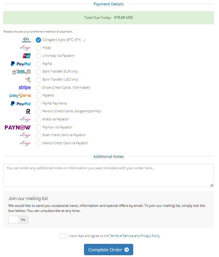Blue-servers payment details page and payment methods