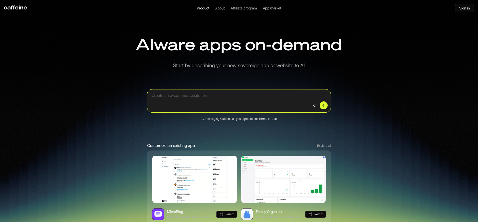 screenshot of Caffeine AI website