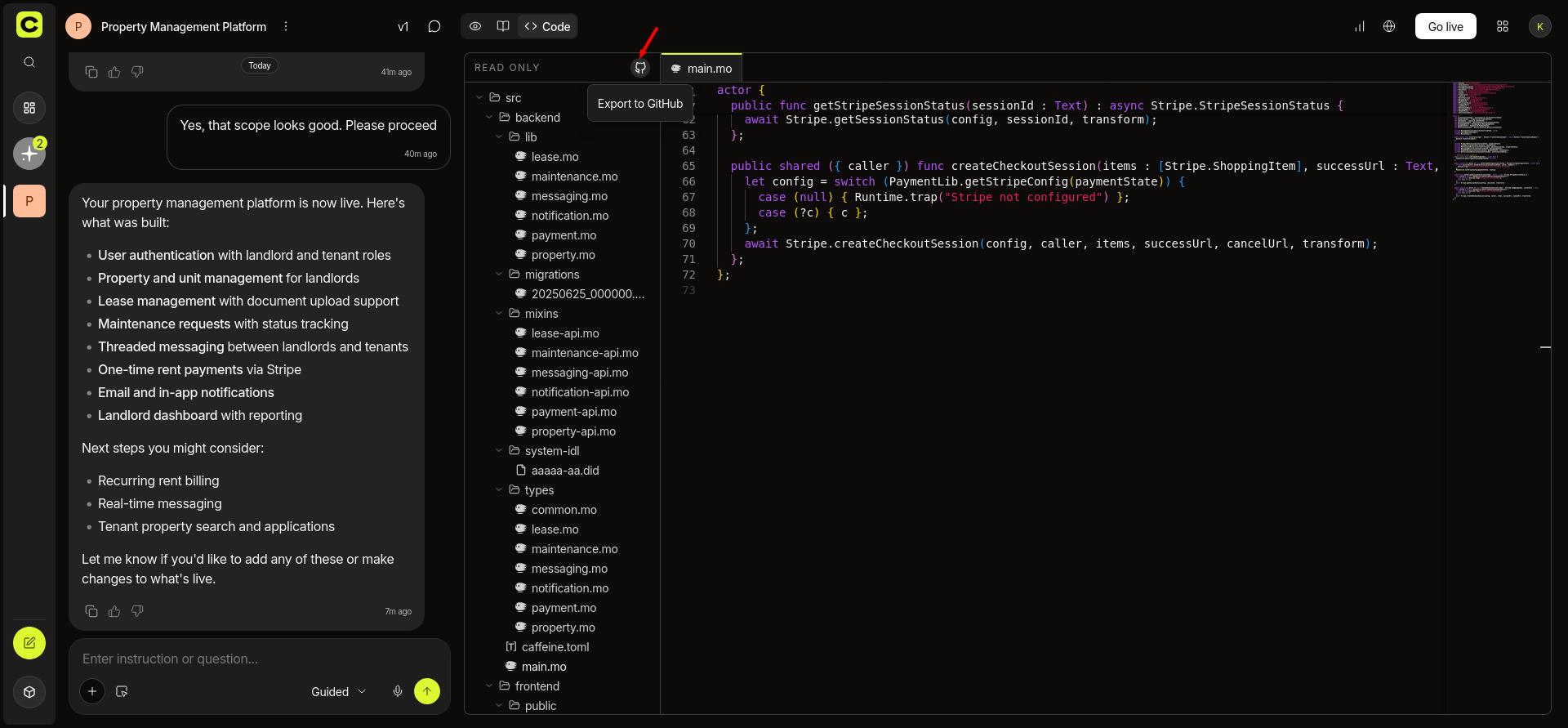 screenshot of the 'Export to GitHub' button