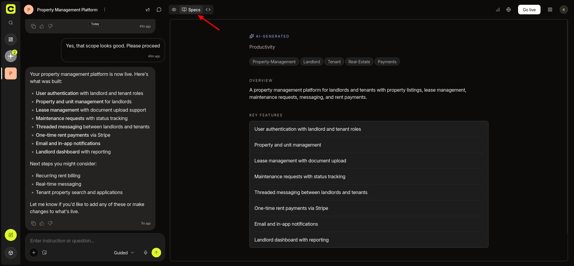 screenshot of the 'Specs' button