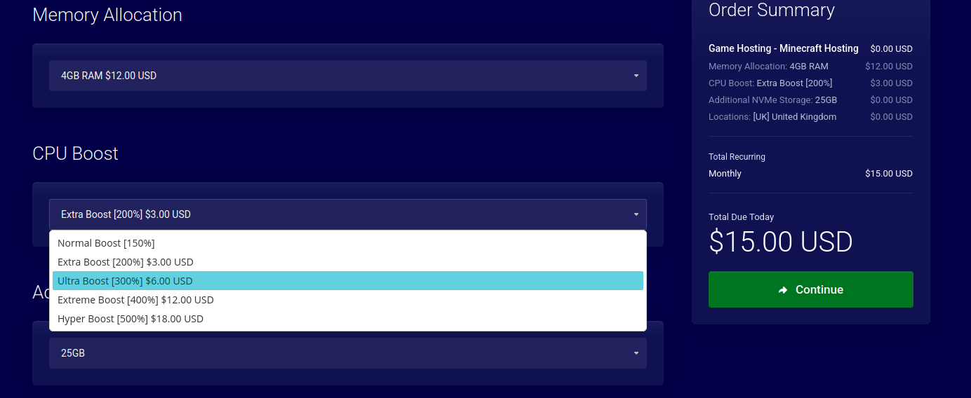 Pine Hosting CPU Boost options showing Normal, Extra, Ultra, Extreme, and Hyper Boost tiers